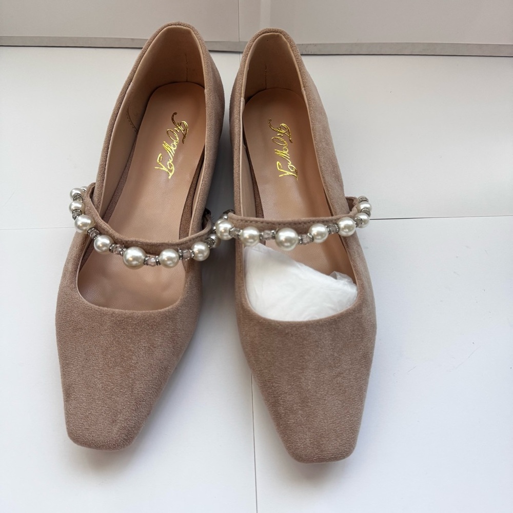 Size 10 Flats Women Square Toe Slip on Pearl Studded Strap Elegant FOWT